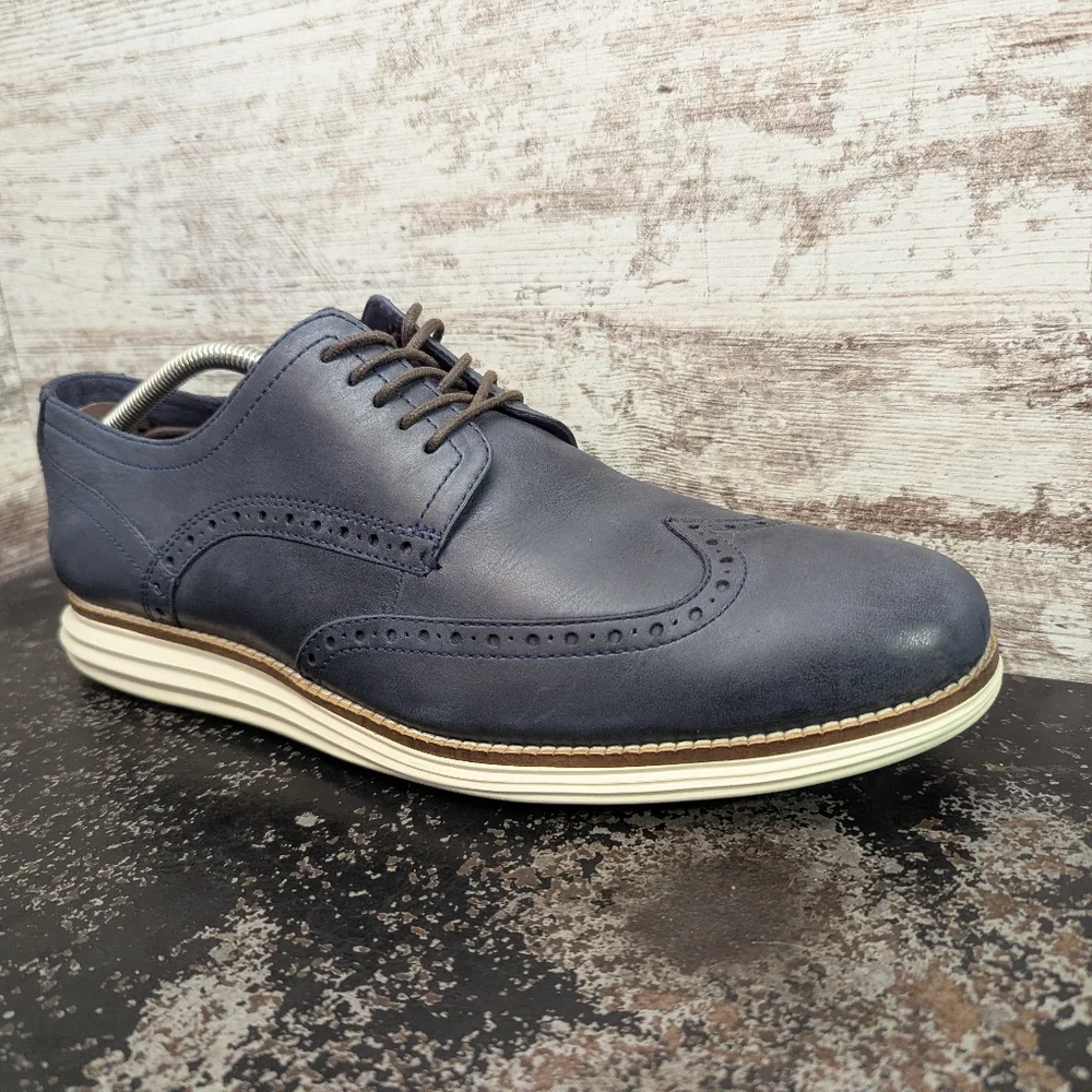 Mens Cole Haan Original Grand Wingtip Oxford Shoes Sz 11.5 Navy Blue C30563 - Picture 2 of 9